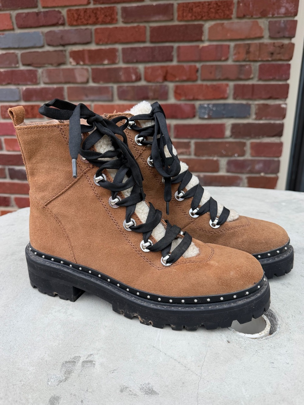 Steve Madden Brown Suede Lace-Up Lug Boots with Black Laces and Sherpa Accents